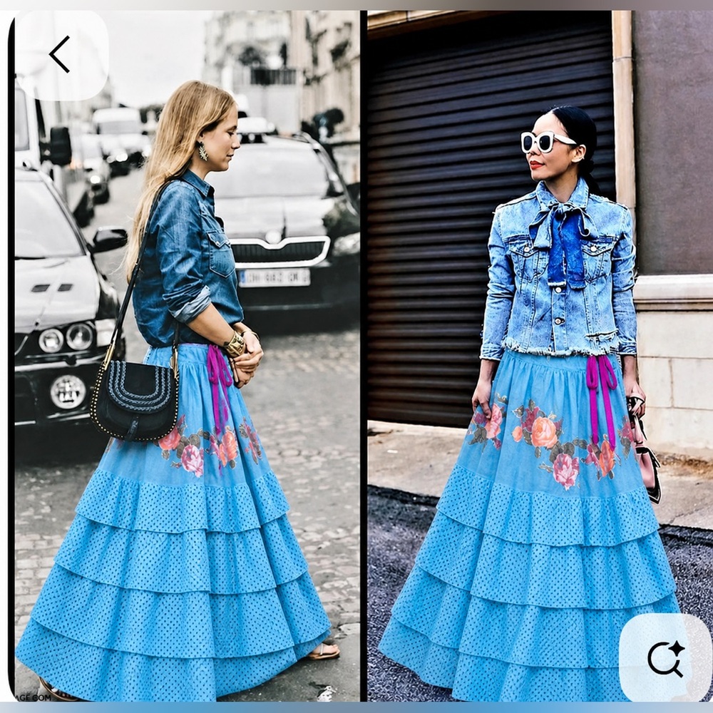MP style Blue Floral Tiered Maxi Skirt
